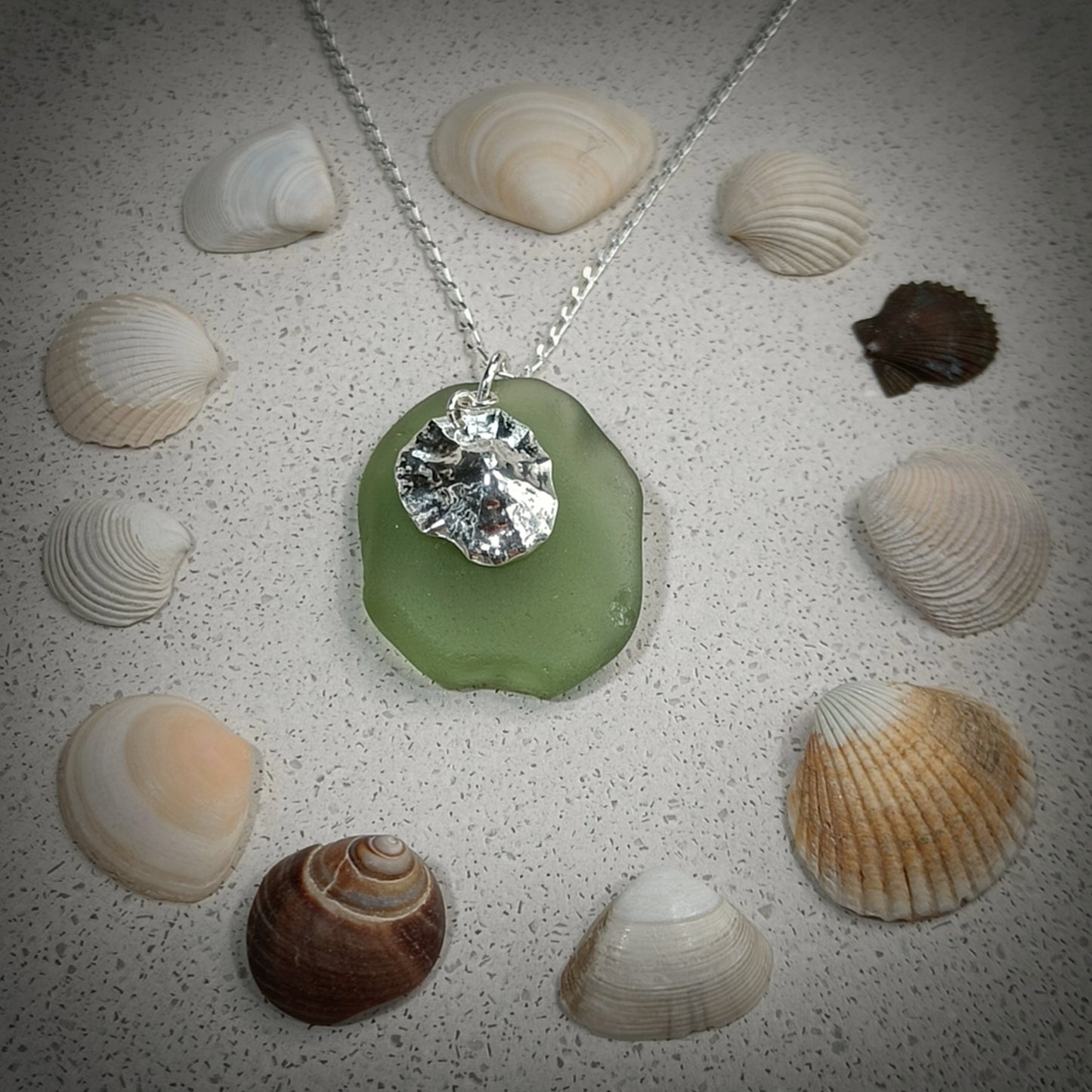 Sea green Seaglass & Limpet charm necklace (18"/45cm chain)