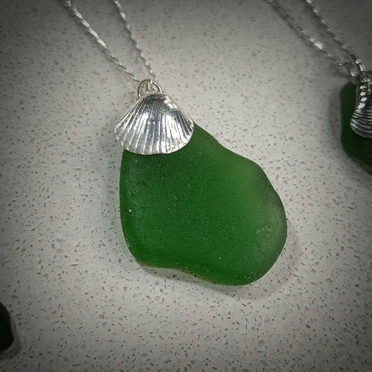 Sea Green Seaglass & Cockle charm necklace (18"/45cm chain)