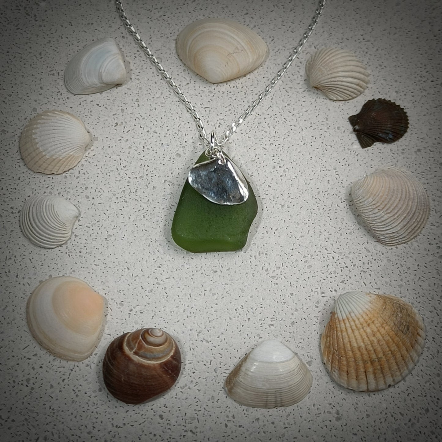 Sea Green Seaglass & Wedge charm necklace (18"/45cm chain)